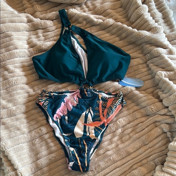 Brand New One Shoulder Swimsuit O-Ring Waist Bra Cup Green Tropical High Waist - Picture 2 of 14